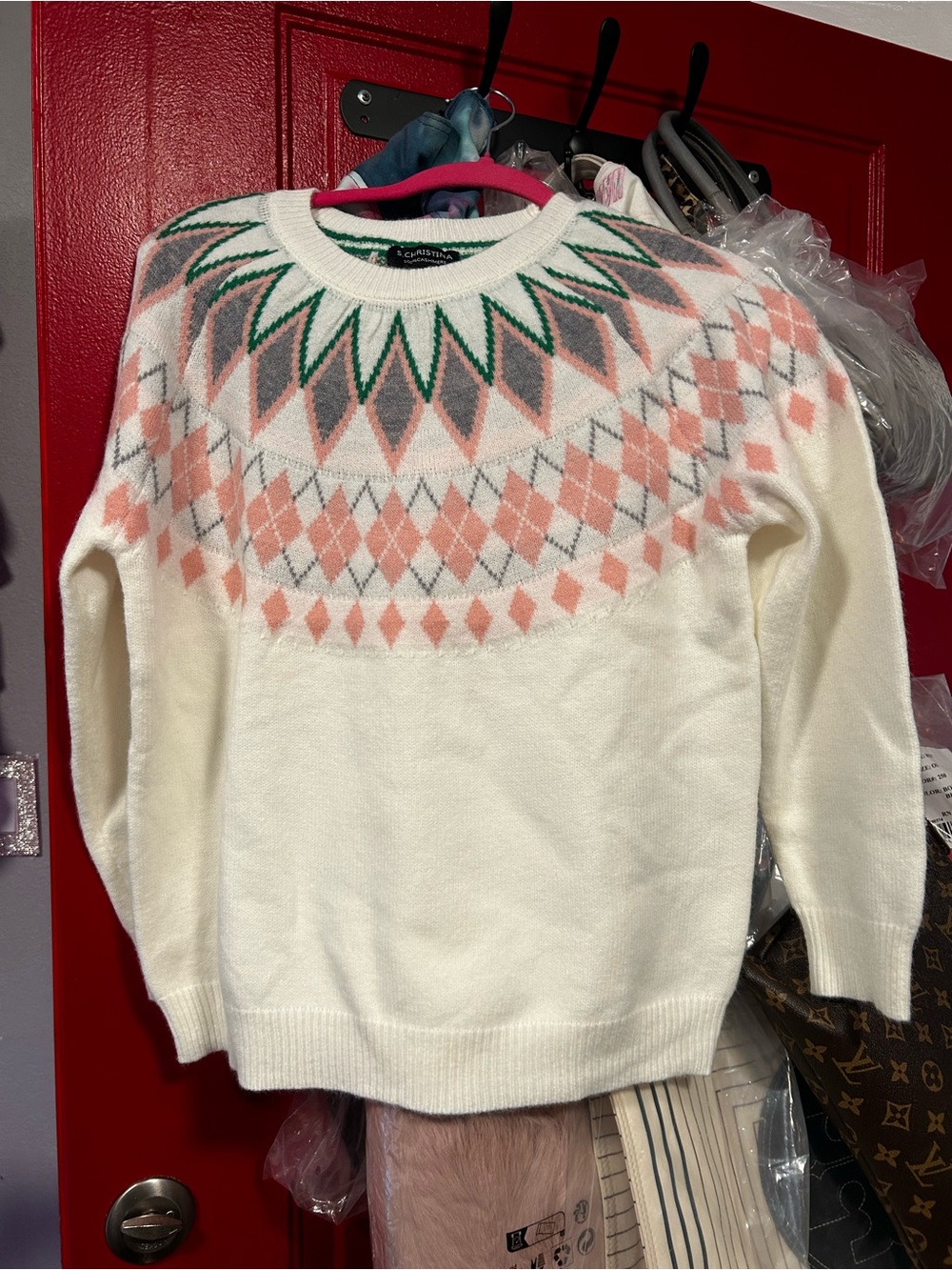 Christina Cream Crewneck Sweater with Pink, Green & Gray Fair Isle